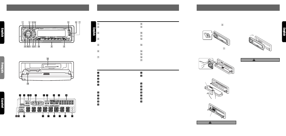 Nomenclature, Controls / les commandes / controles, Names of buttons | Display items, Caution, Source unit / appareil pilote / unidad fuente, Attaching the dcp, Removing the dcp | Clarion RAX650Dz User Manual | Page 4 / 20