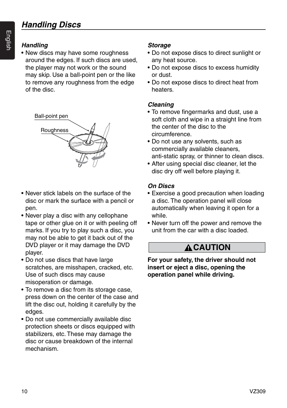 Handling discs, Caution | Clarion VZ309 User Manual | Page 10 / 36