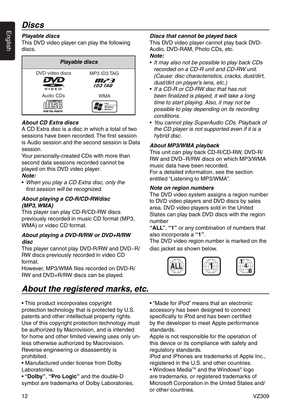 Discs, About the registered marks, etc | Clarion VZ309 User Manual | Page 12 / 36