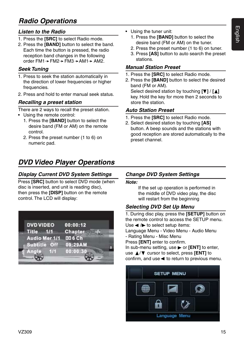 Radio operations, Dvd video player operations | Clarion VZ309 User Manual | Page 15 / 36