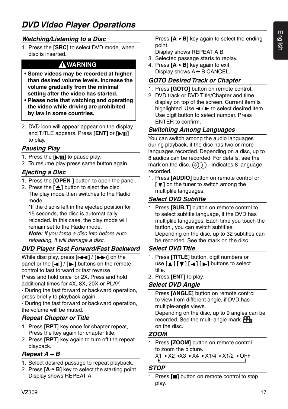 Dvd video player operations | Clarion VZ309 User Manual | Page 17 / 36