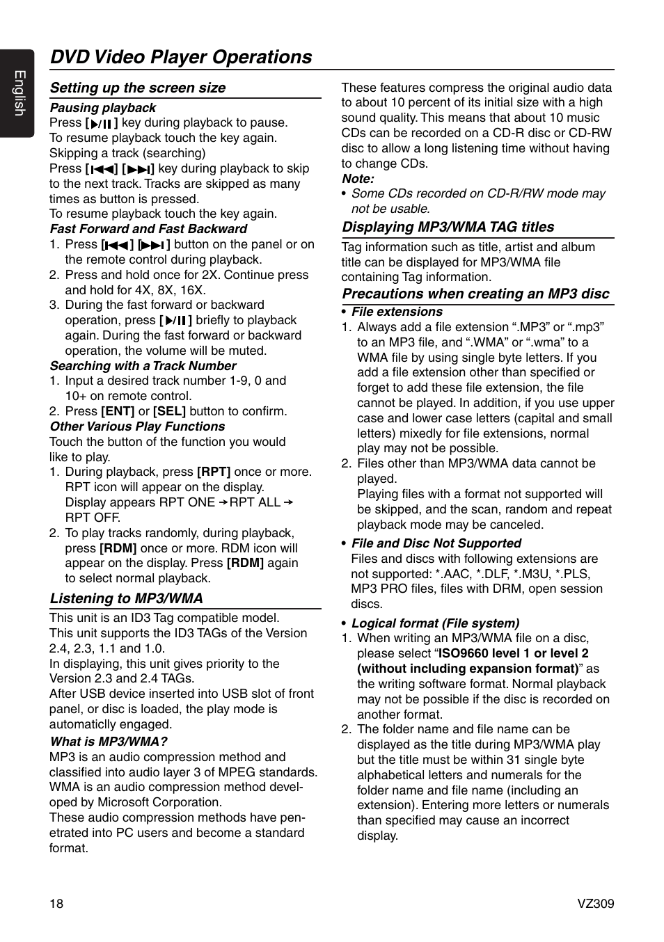 Dvd video player operations | Clarion VZ309 User Manual | Page 18 / 36