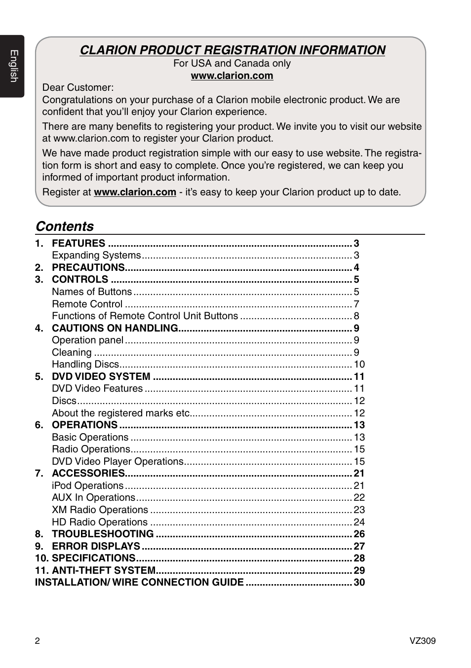 Clarion VZ309 User Manual | Page 2 / 36