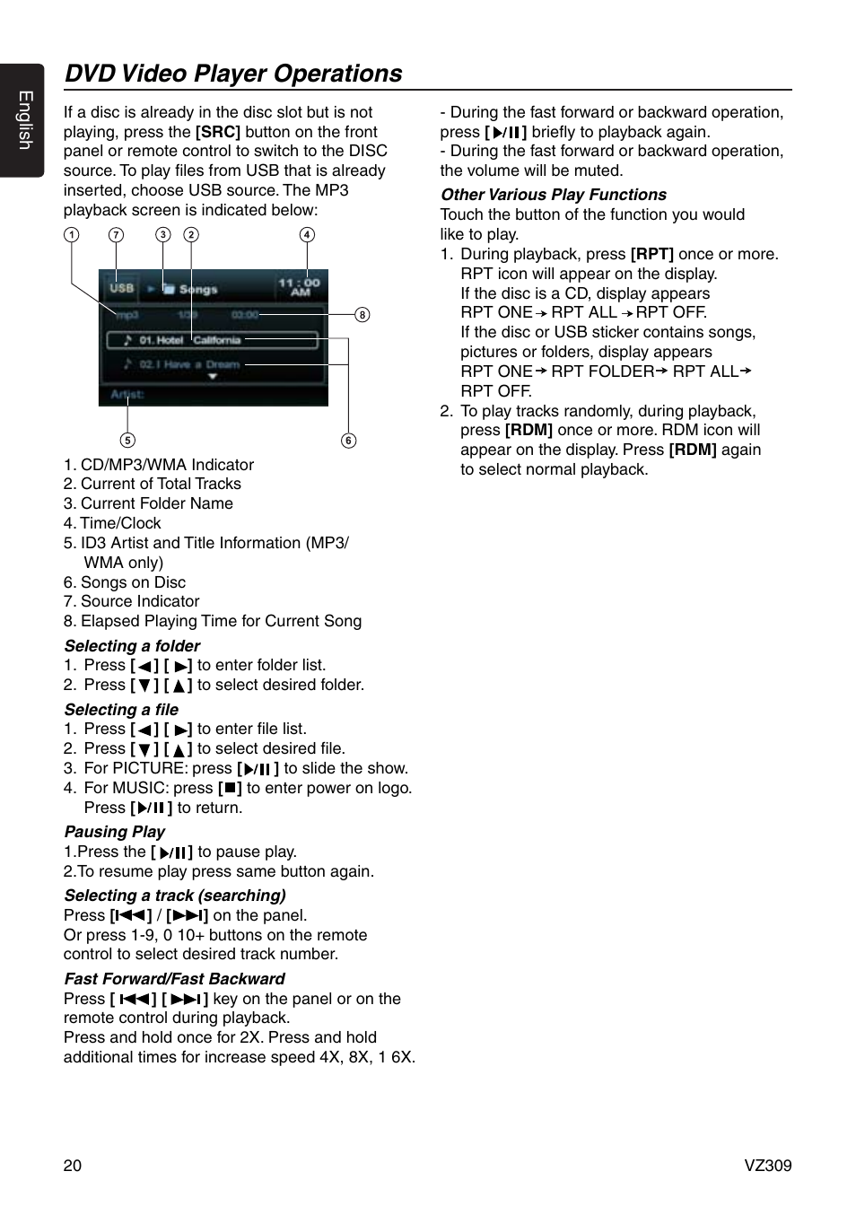 Dvd video player operations | Clarion VZ309 User Manual | Page 20 / 36