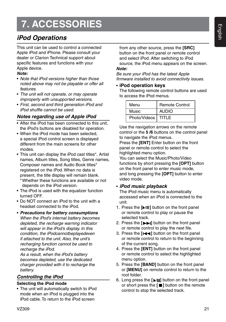 Accessories, Ipod operations | Clarion VZ309 User Manual | Page 21 / 36