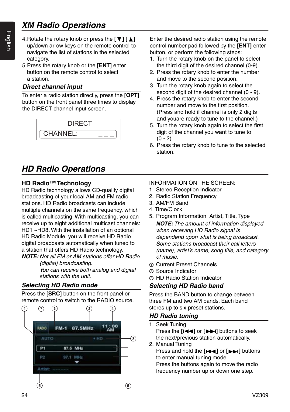 Xm radio operations, Hd radio operations | Clarion VZ309 User Manual | Page 24 / 36