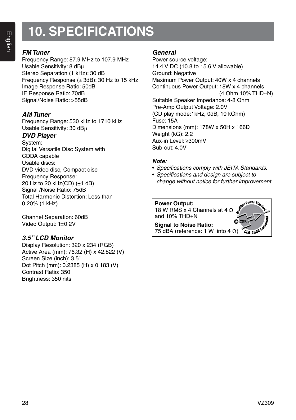 Specifications | Clarion VZ309 User Manual | Page 28 / 36