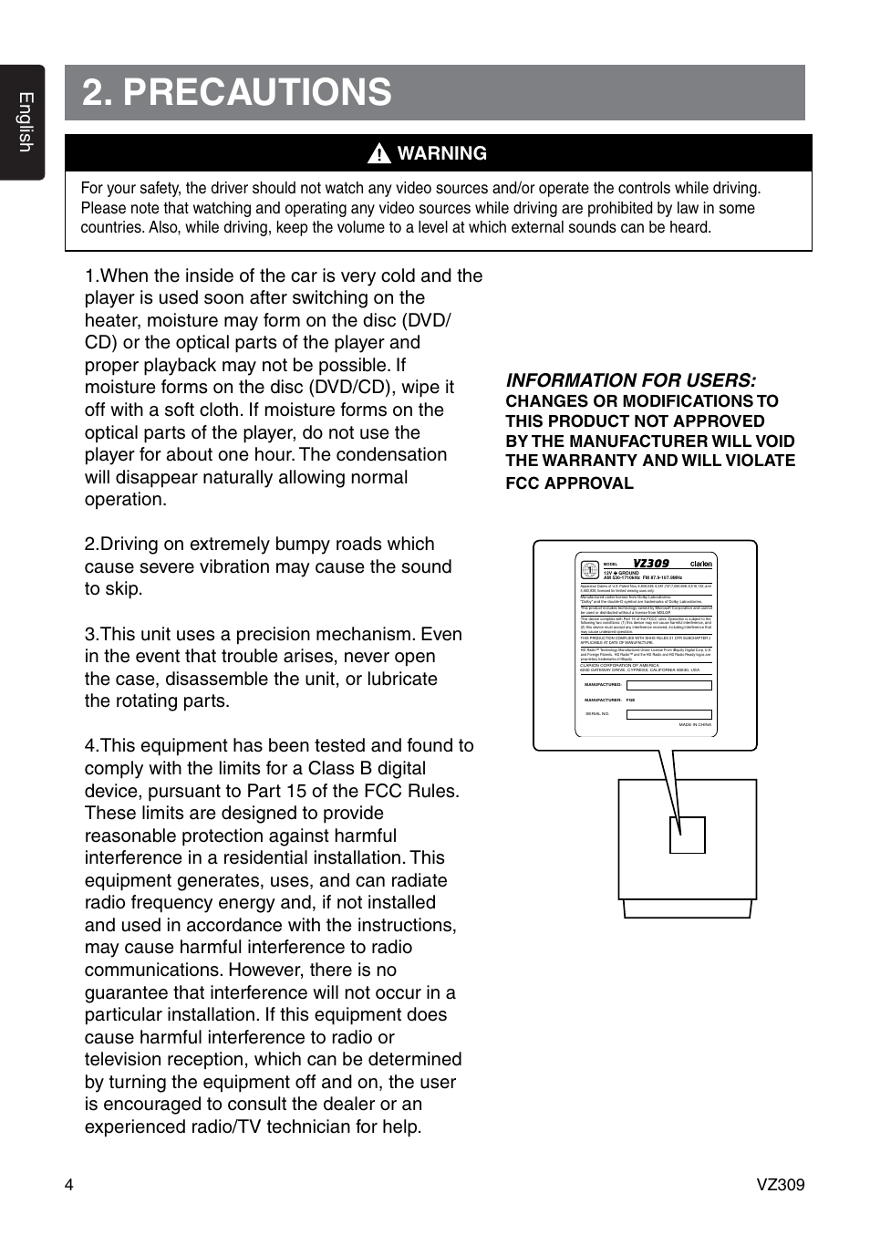 Precautions, English, Vz309 4 | Clarion VZ309 User Manual | Page 4 / 36