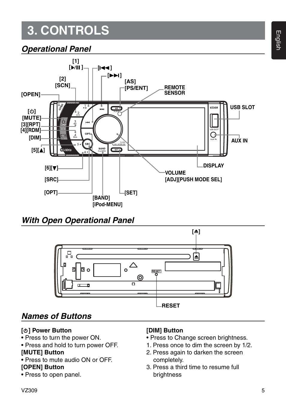 Controls | Clarion VZ309 User Manual | Page 5 / 36