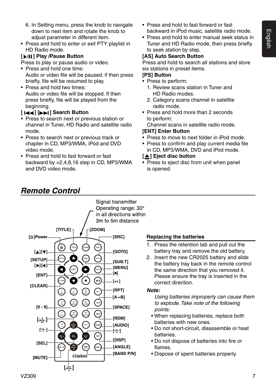 Remote control, English | Clarion VZ309 User Manual | Page 7 / 36