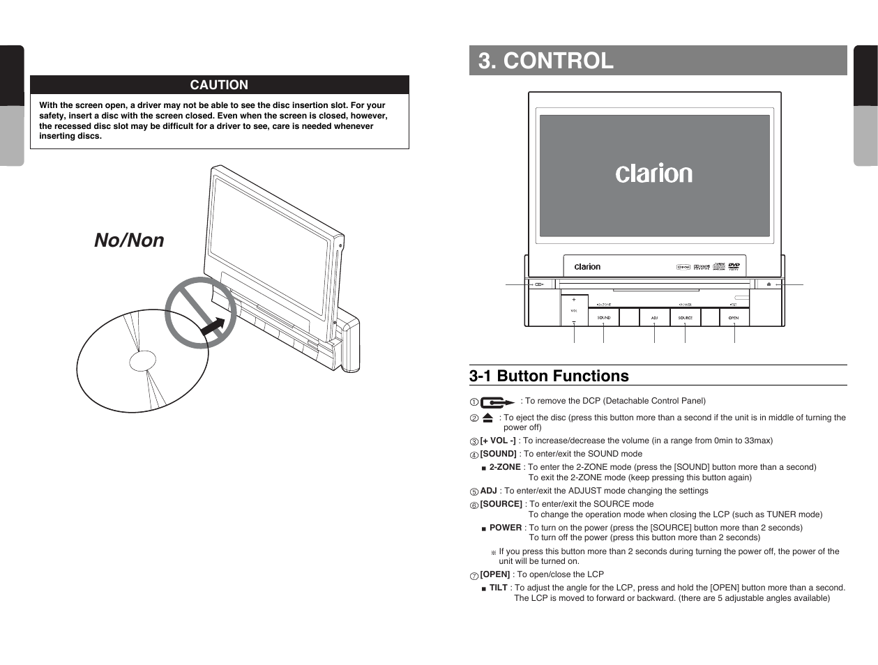 Control, No/non, 1 button functions | 12 english, 11 english | Clarion VRX585USB User Manual | Page 11 / 66