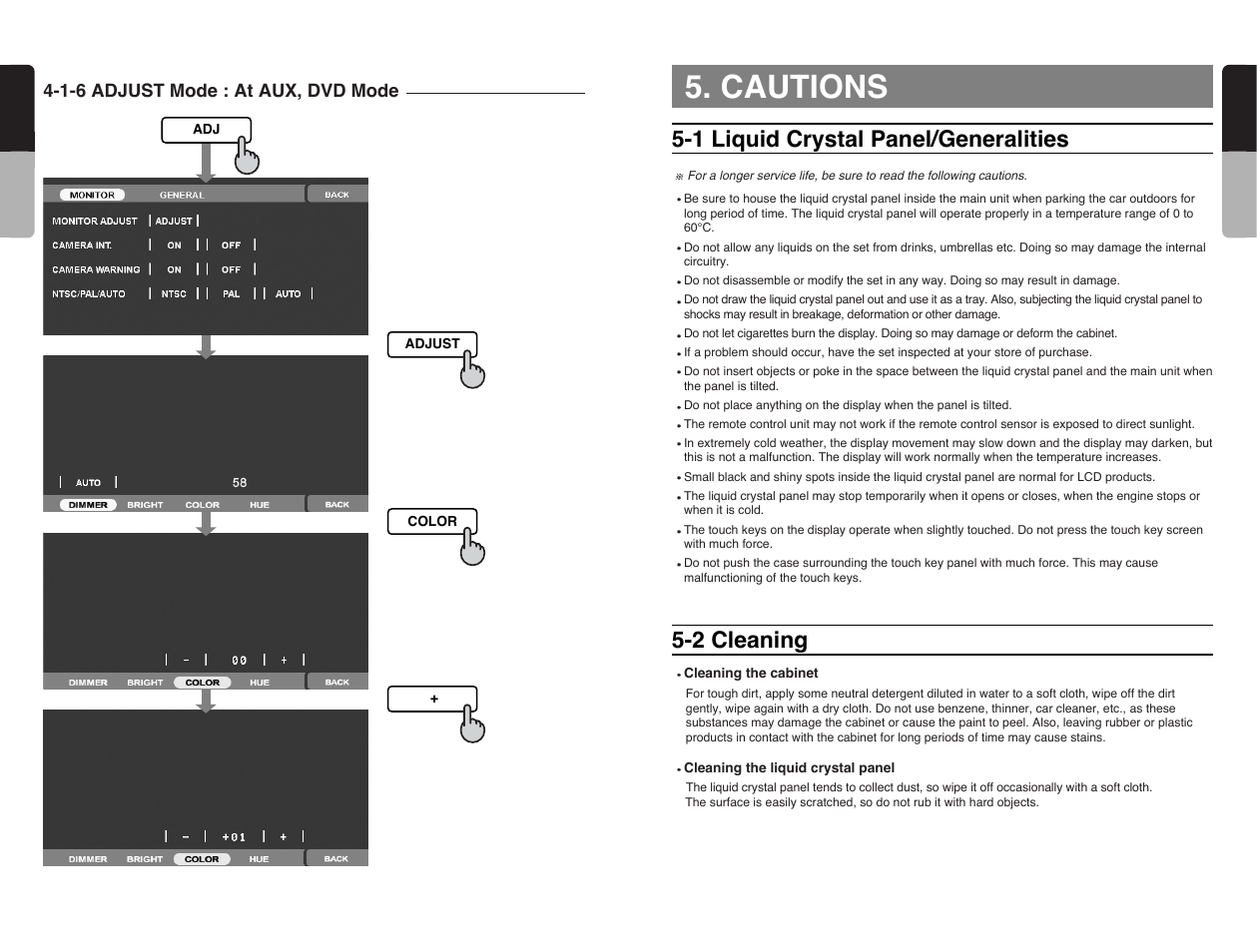 Cautions, 1 liquid crystal panel/generalities 5-2 cleaning, 24 english | 23 english | Clarion VRX585USB User Manual | Page 22 / 66