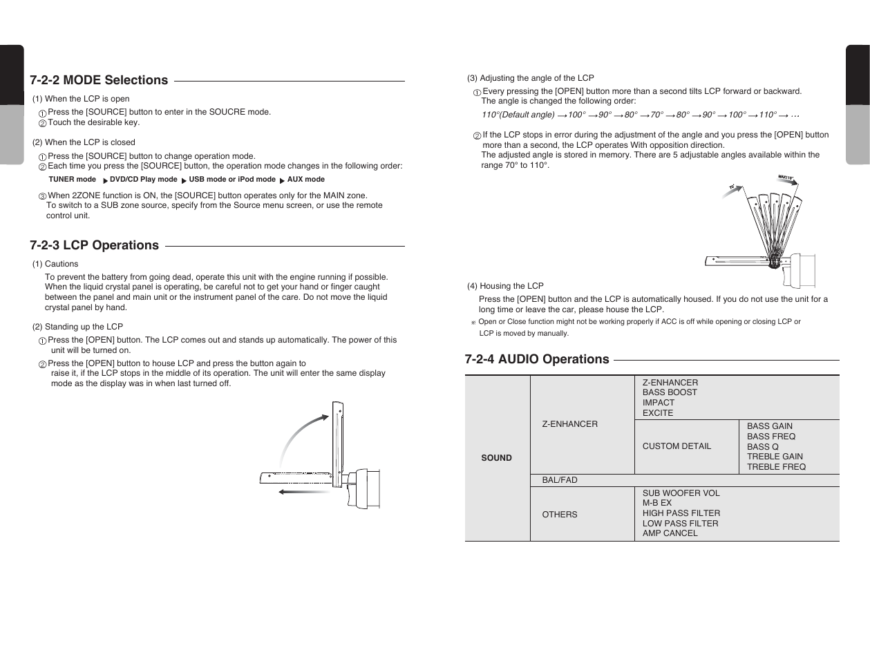 30 english, 29 english, 2-4 audio operations | 2-2 mode selections, 2-3 lcp operations | Clarion VRX585USB User Manual | Page 29 / 66