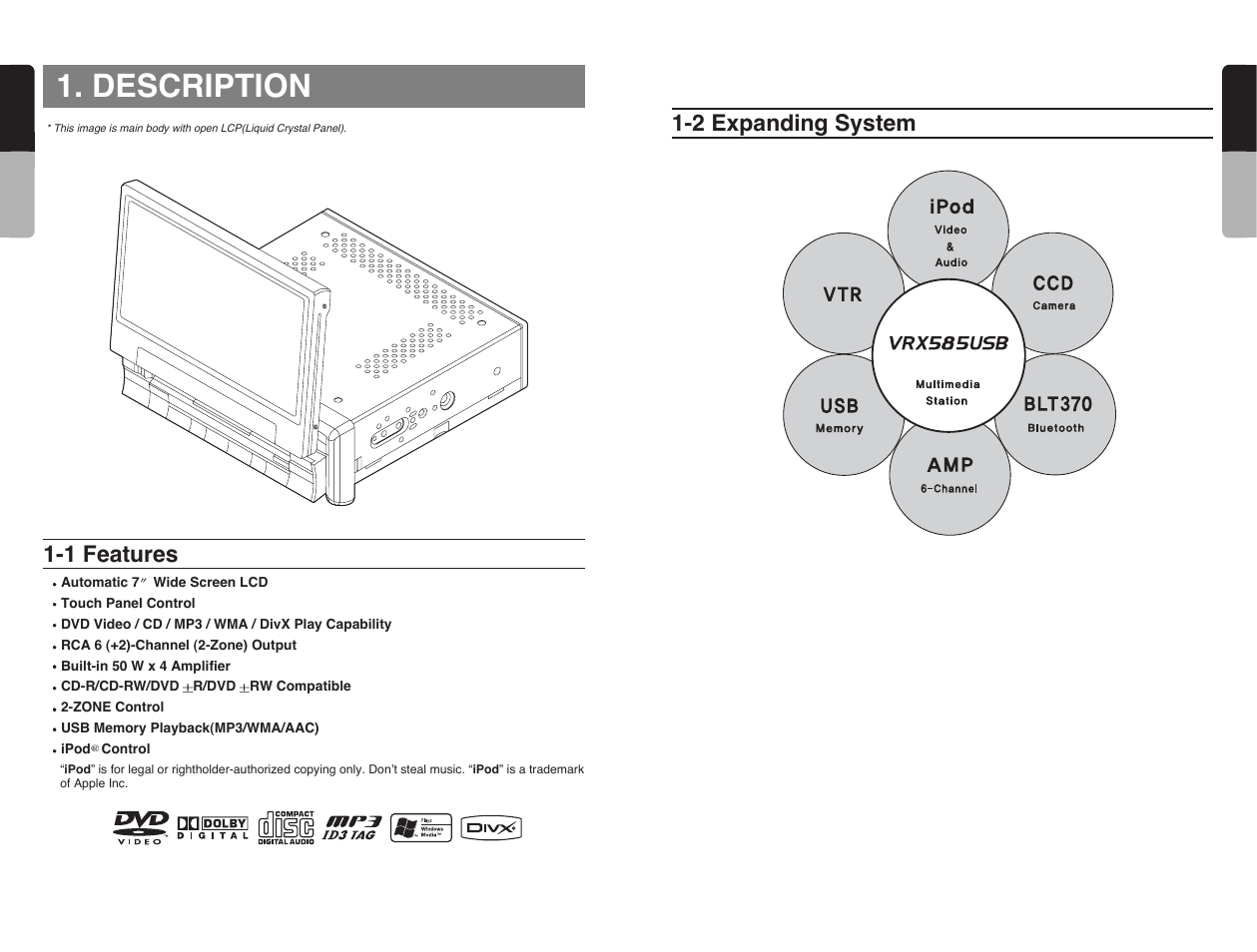 Description, 2 expanding system, 1 features | Clarion VRX585USB User Manual | Page 4 / 66