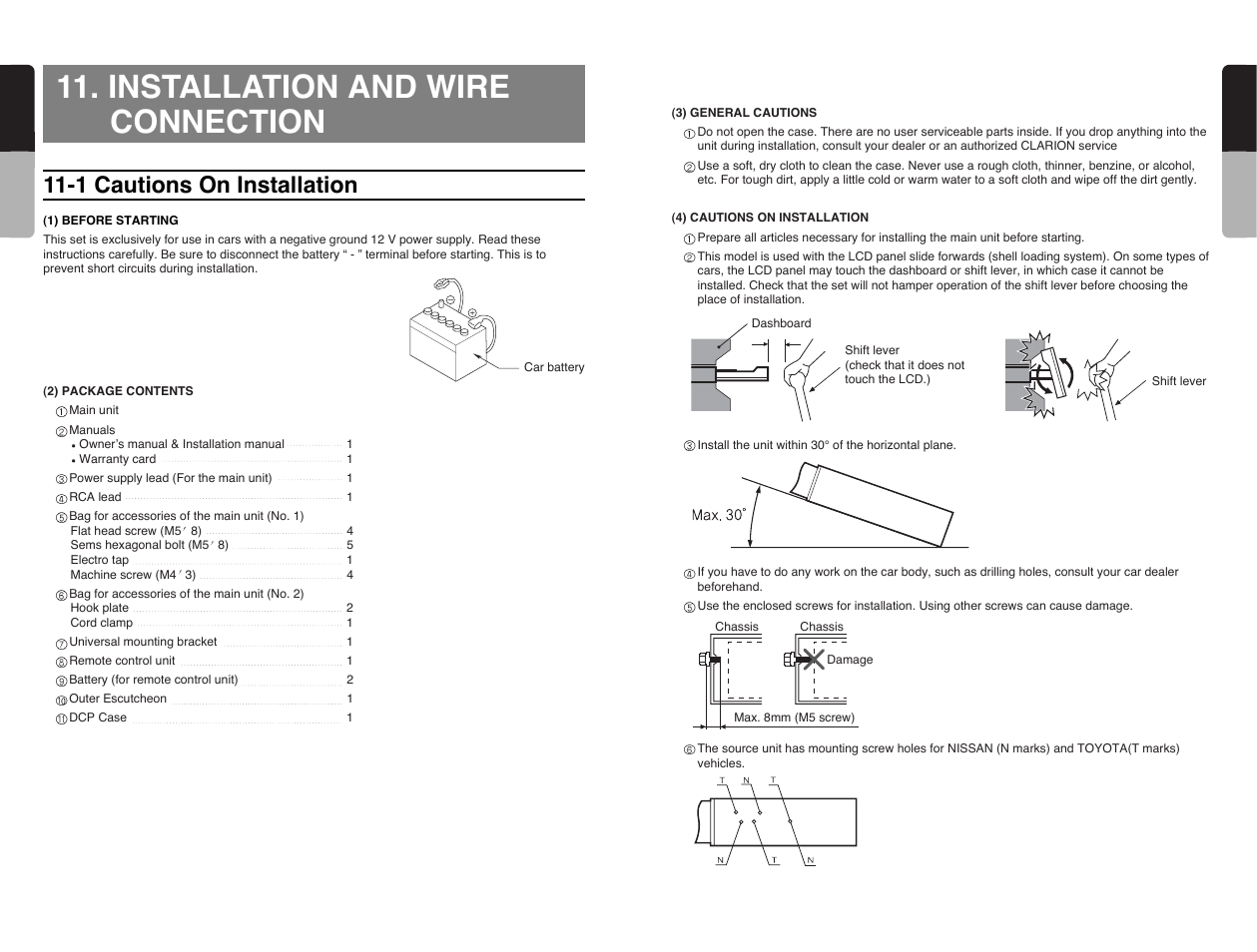 Installation and wire connection, 1 cautions on installation, 58 english | 57 english | Clarion VRX585USB User Manual | Page 56 / 66