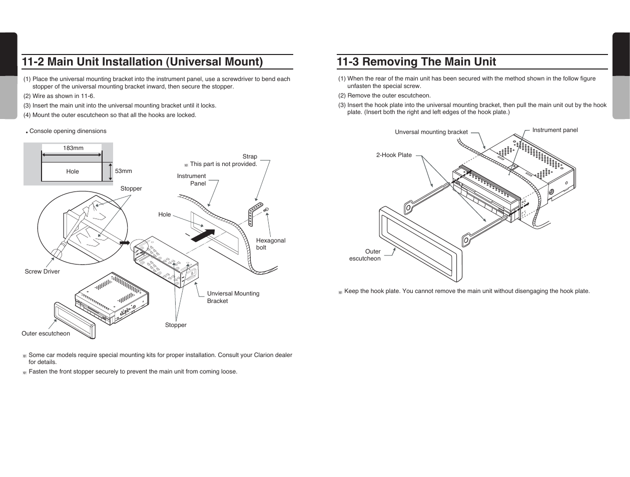 3 removing the main unit, 2 main unit installation (universal mount), 60 english | 59 english | Clarion VRX585USB User Manual | Page 58 / 66