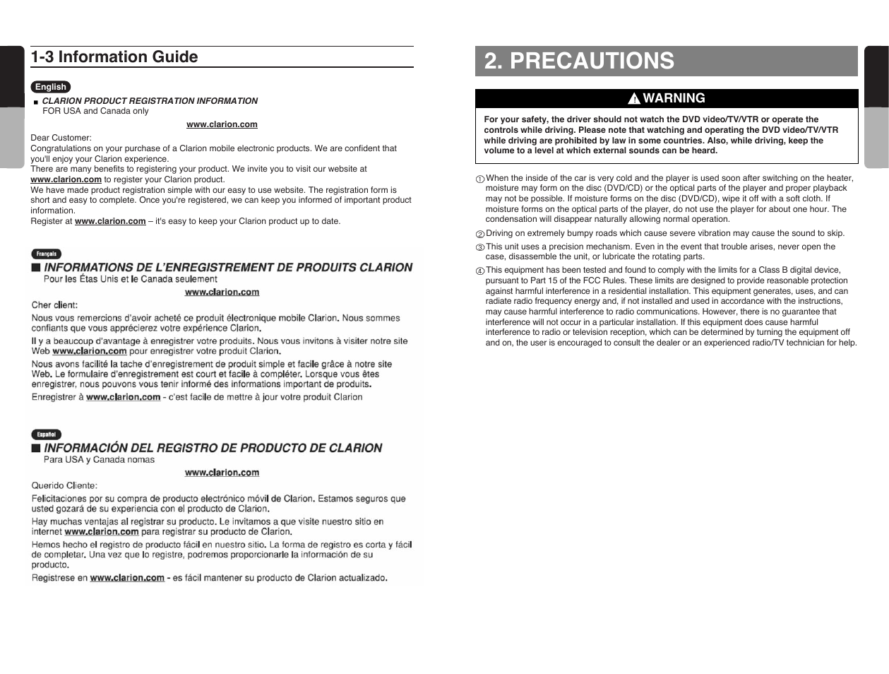 Precautions, 3 information guide | Clarion VRX585USB User Manual | Page 7 / 66