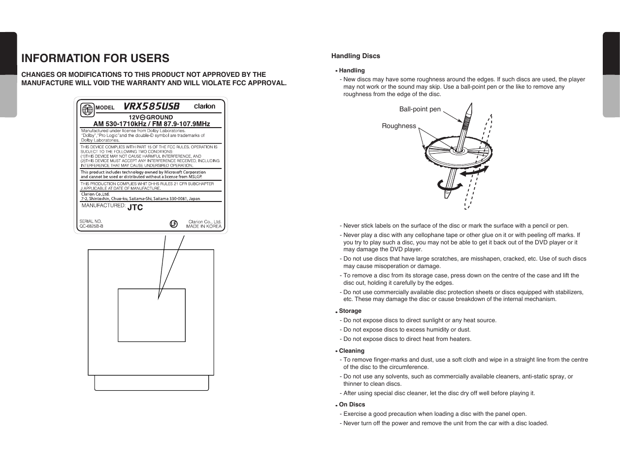 Information for users, 10 english, 9english | Clarion VRX585USB User Manual | Page 8 / 66