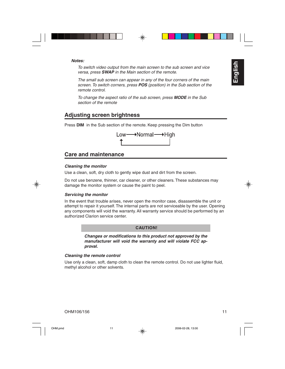 English, Adjusting screen brightness, Care and maintenance | Clarion OHM156 User Manual | Page 11 / 36