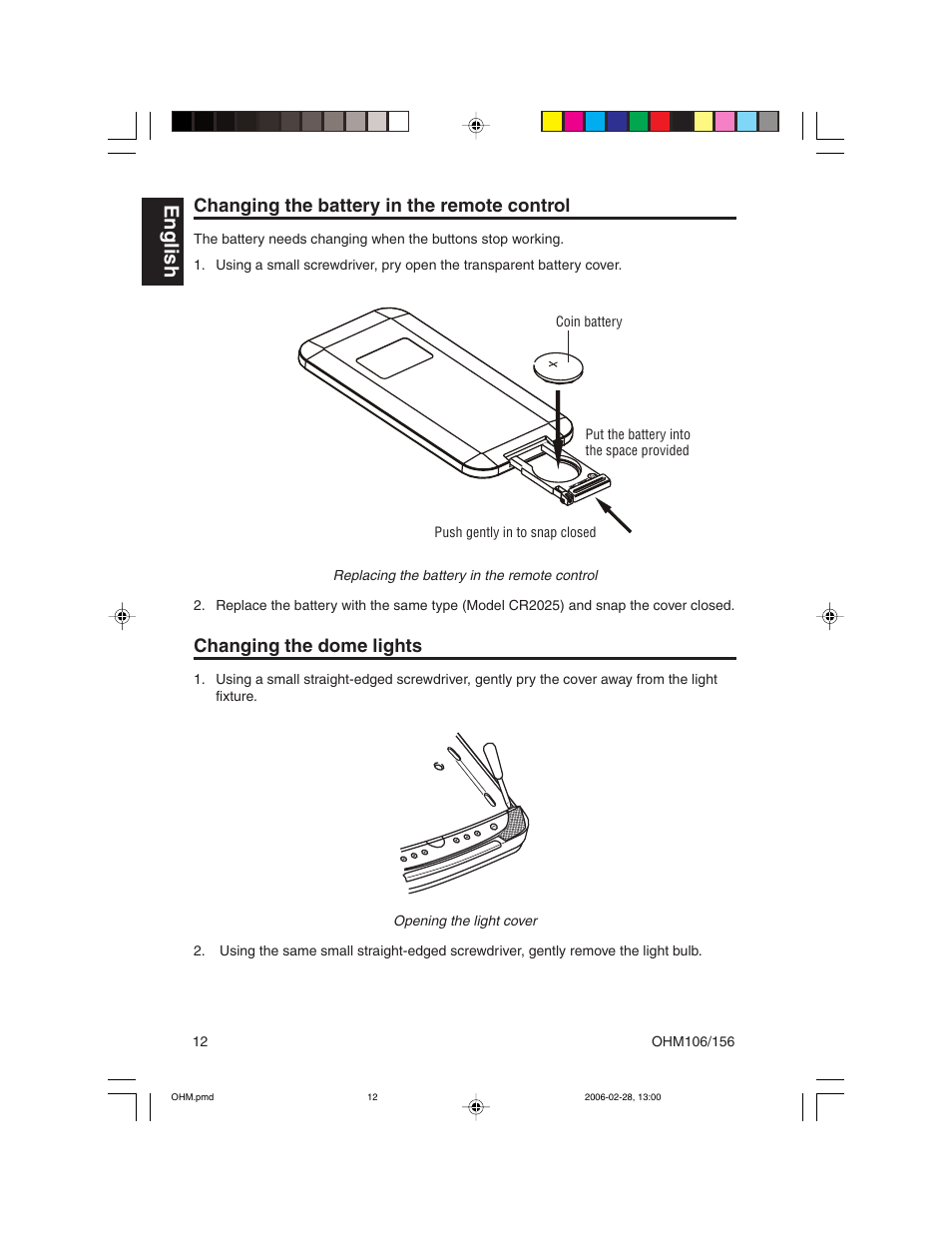English, Changing the battery in the remote control, Changing the dome lights | Clarion OHM156 User Manual | Page 12 / 36