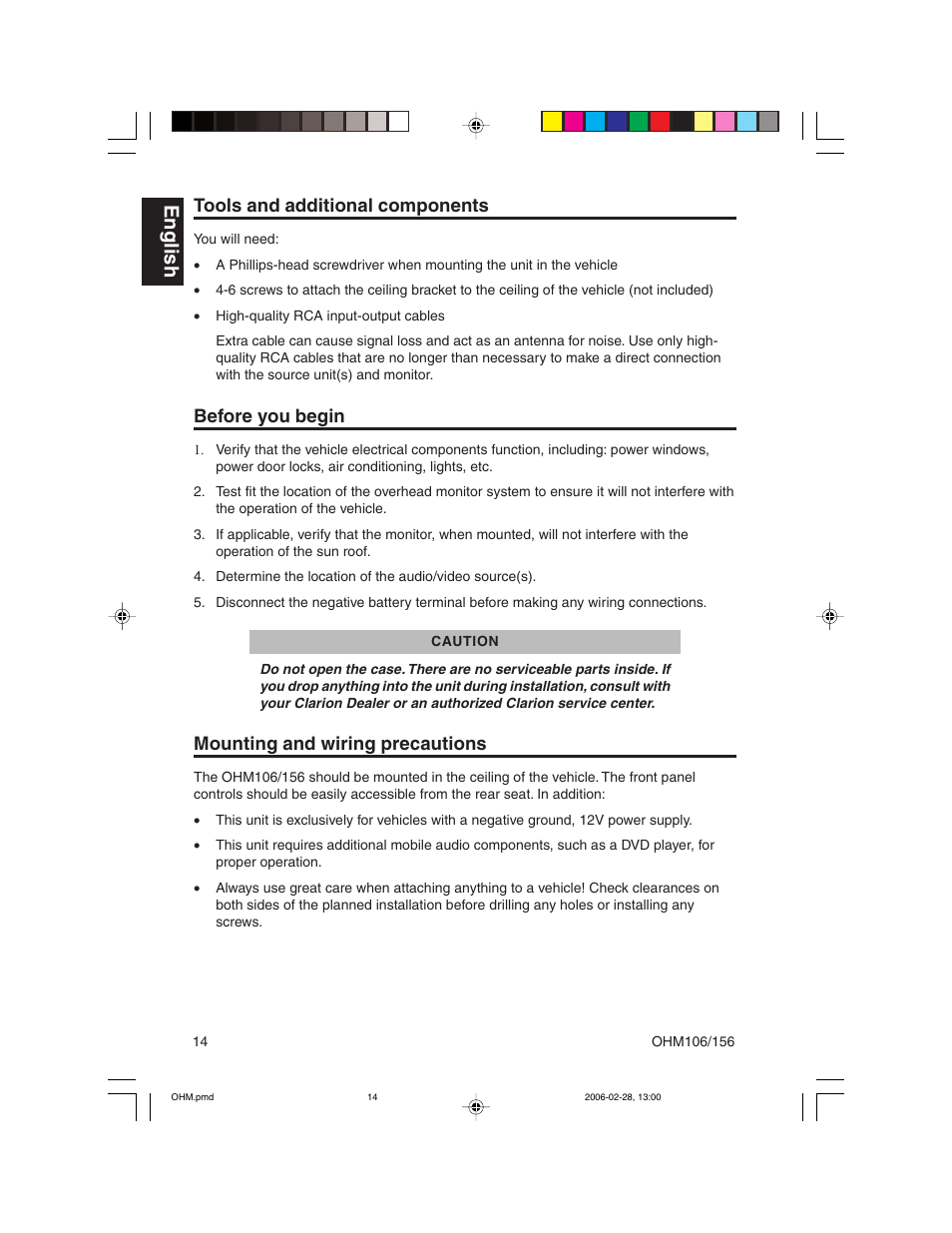 English, Tools and additional components, Before you begin | Mounting and wiring precautions | Clarion OHM156 User Manual | Page 14 / 36