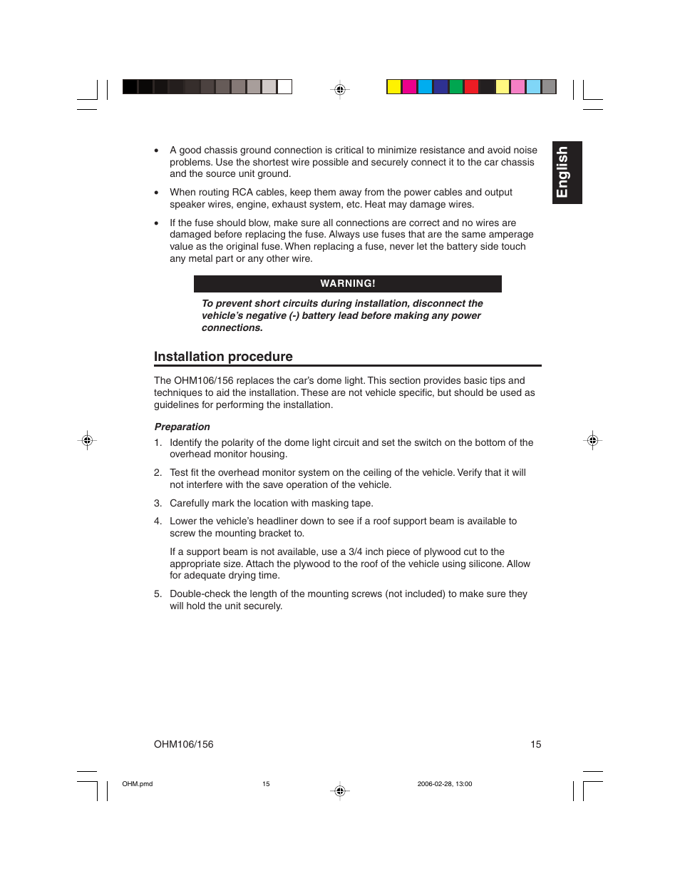 English, Installation procedure | Clarion OHM156 User Manual | Page 15 / 36