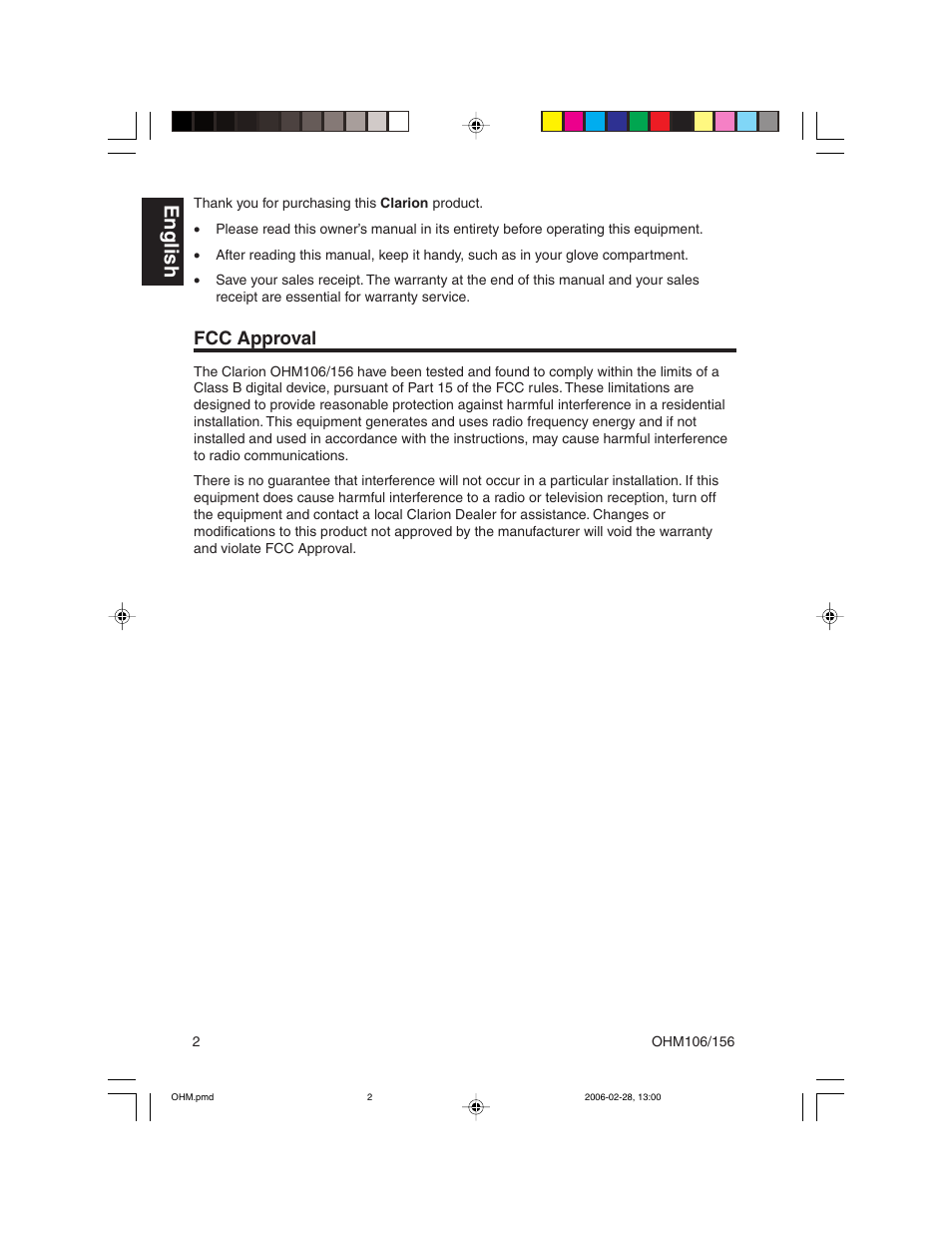 English, Fcc approval | Clarion OHM156 User Manual | Page 2 / 36
