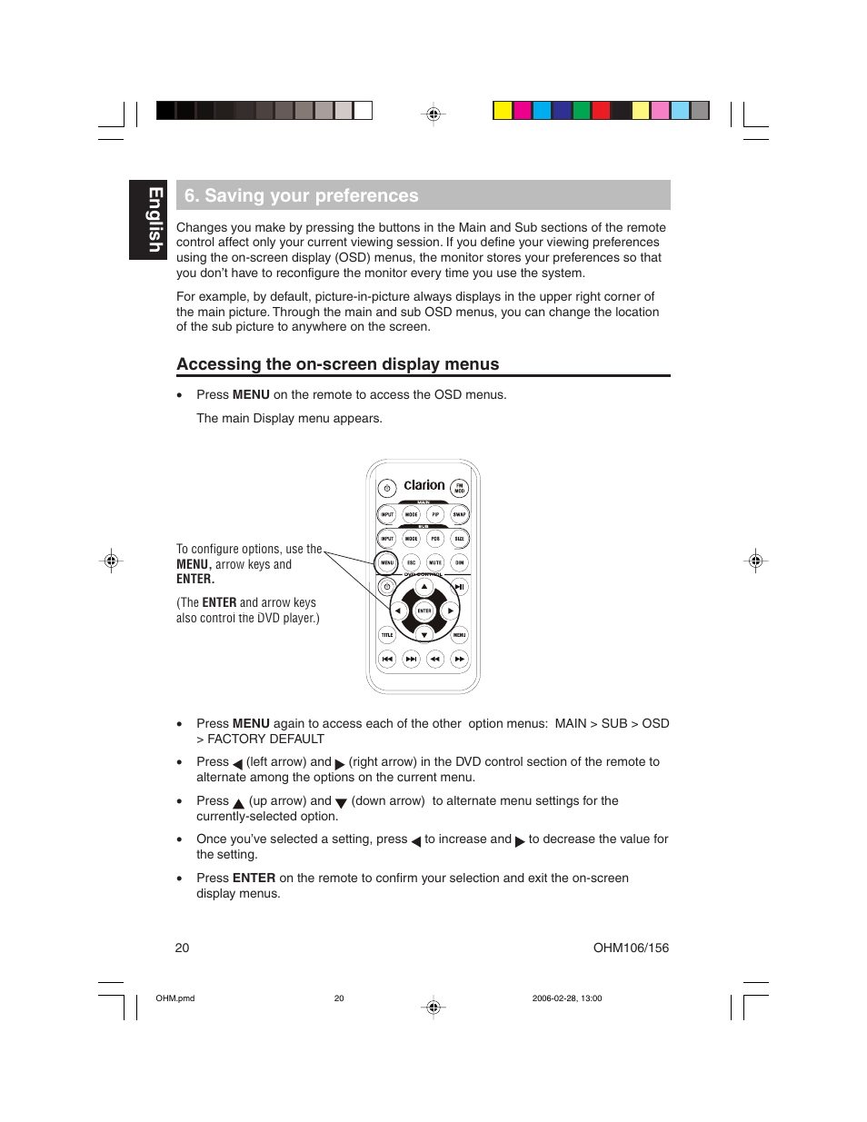 English 6. saving your preferences, Accessing the on-screen display menus | Clarion OHM156 User Manual | Page 20 / 36