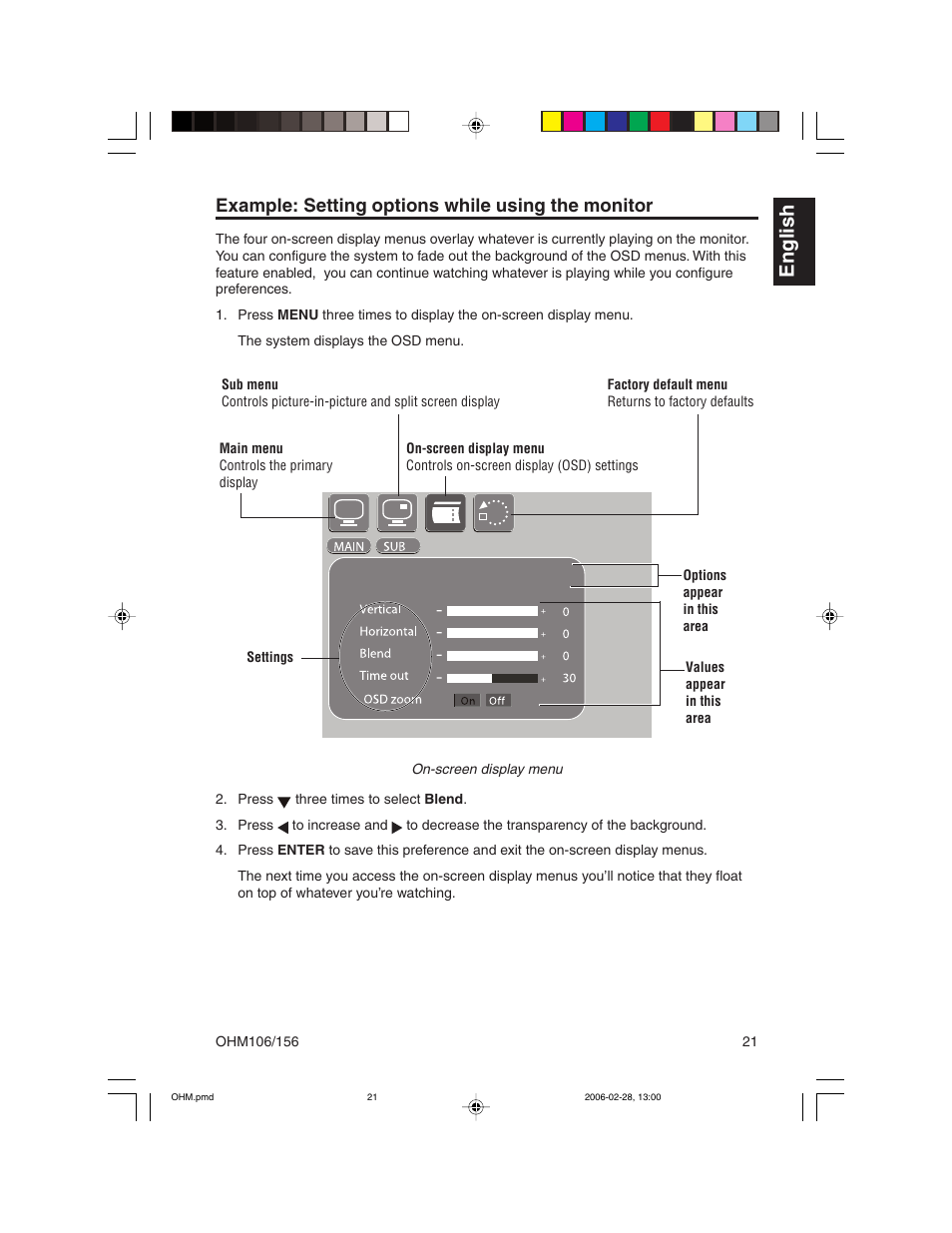 English, Example: setting options while using the monitor | Clarion OHM156 User Manual | Page 21 / 36