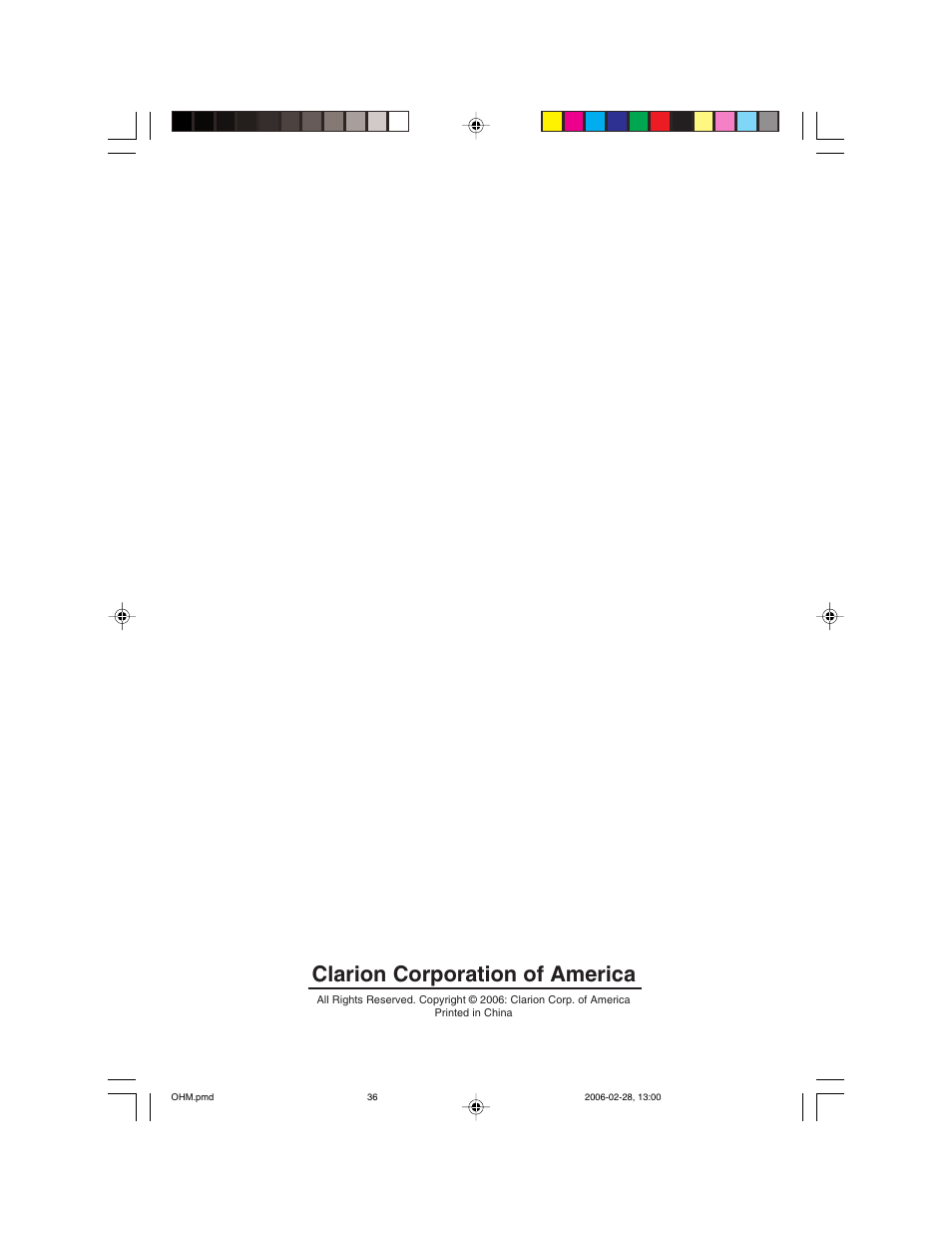 Clarion corporation of america, English | Clarion OHM156 User Manual | Page 36 / 36