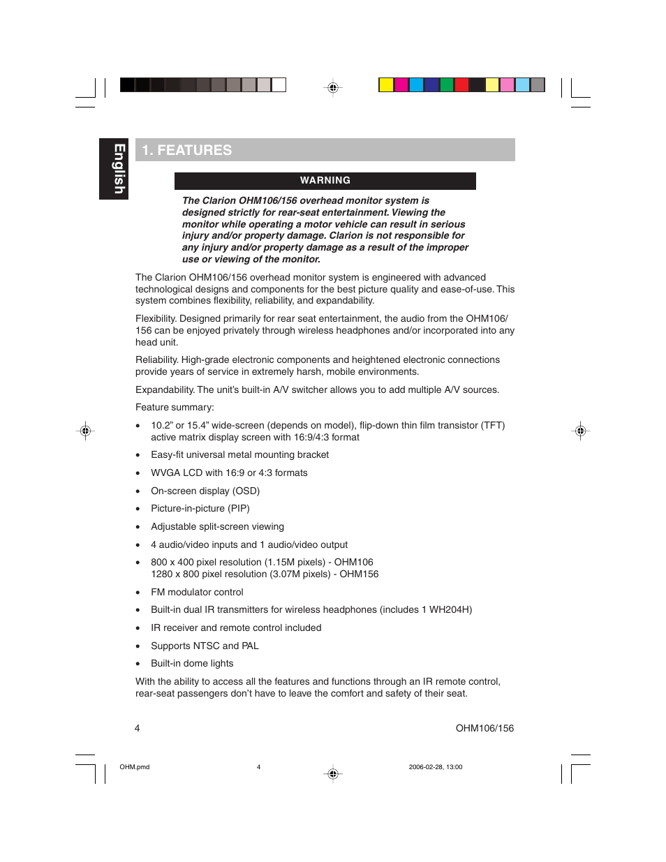 English 1. features | Clarion OHM156 User Manual | Page 4 / 36