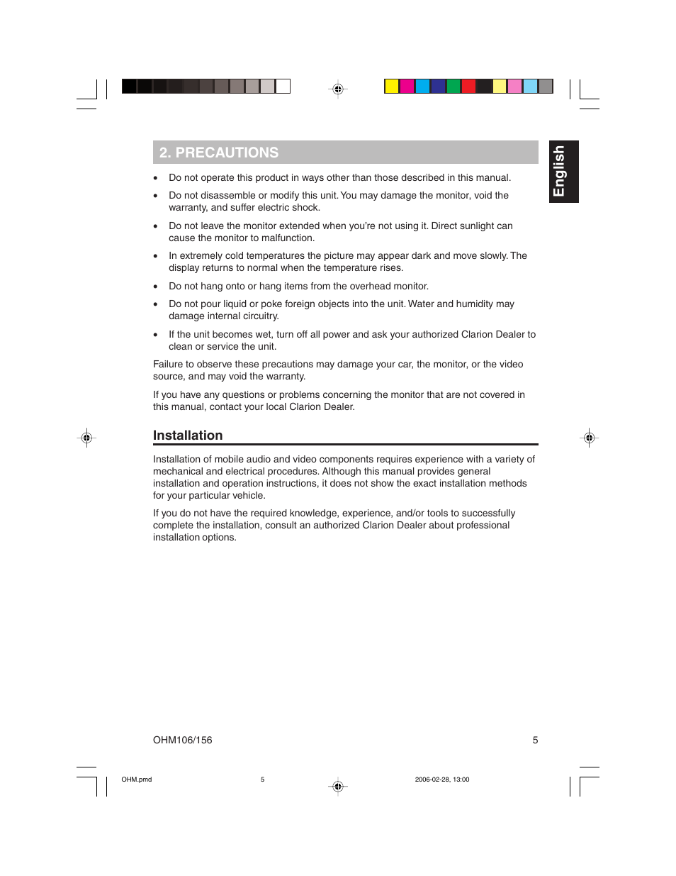 English 2. precautions, Installation | Clarion OHM156 User Manual | Page 5 / 36
