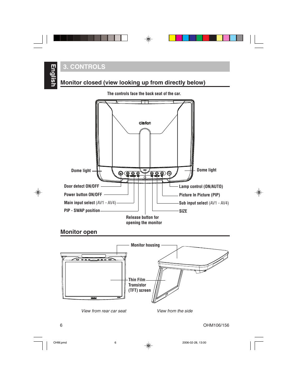 English 3. controls | Clarion OHM156 User Manual | Page 6 / 36
