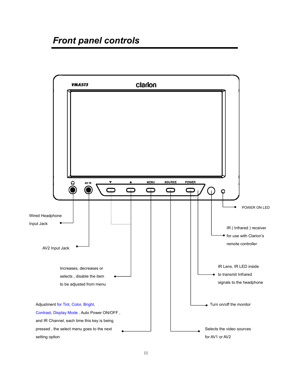 Front panel controls | Clarion VMA773 User Manual | Page 11 / 33