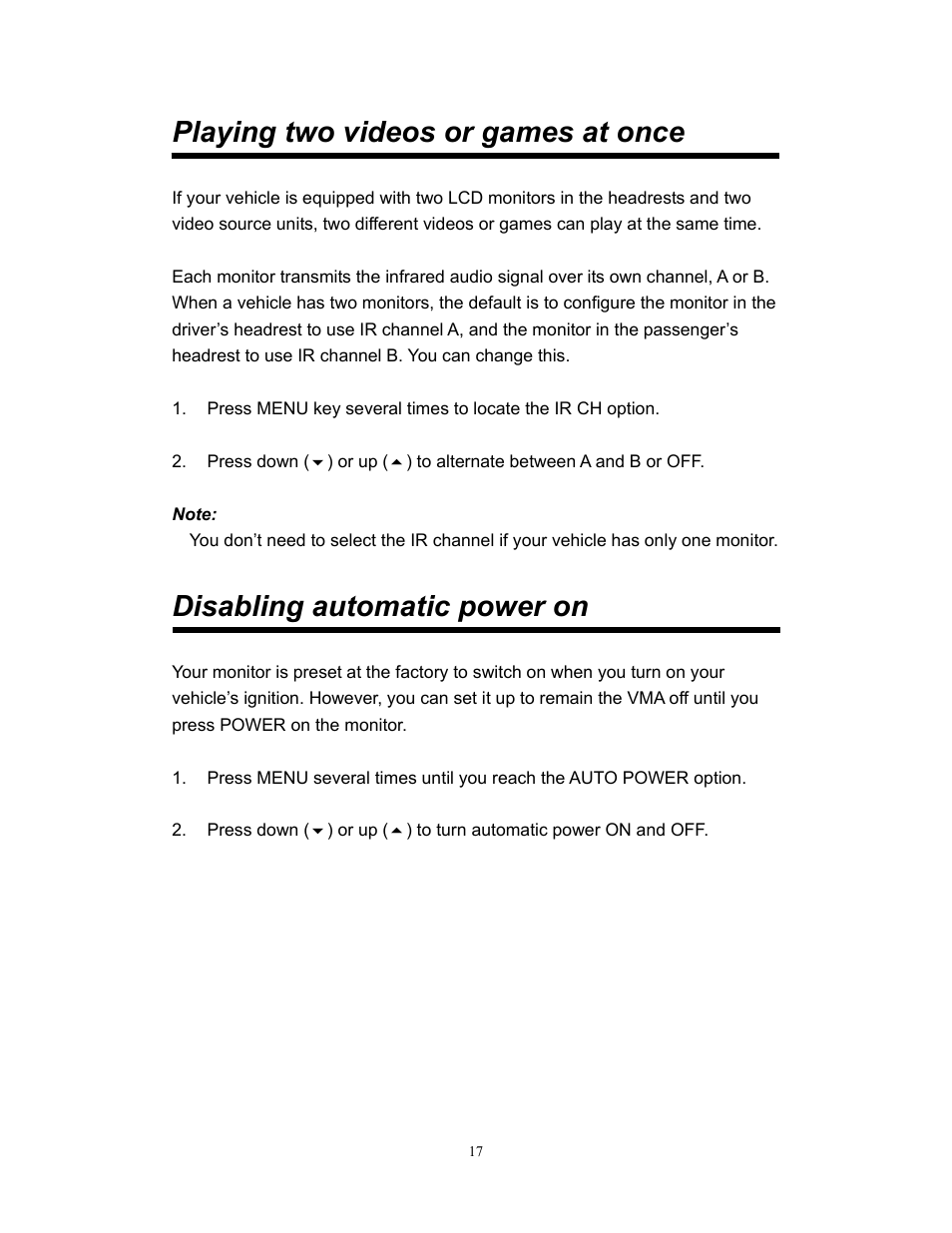 Playing two videos or games at once, Disabling automatic power on | Clarion VMA773 User Manual | Page 17 / 33
