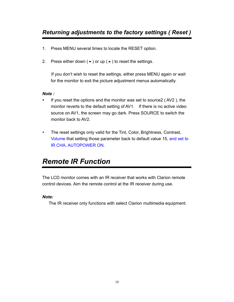 Remote ir function | Clarion VMA773 User Manual | Page 18 / 33