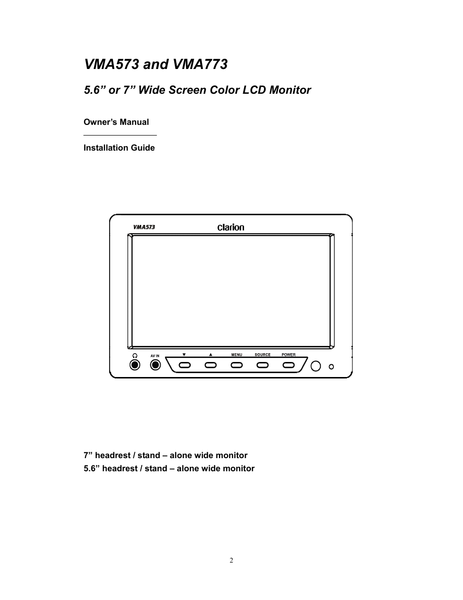 6” or 7” wide screen color lcd monitor | Clarion VMA773 User Manual | Page 2 / 33