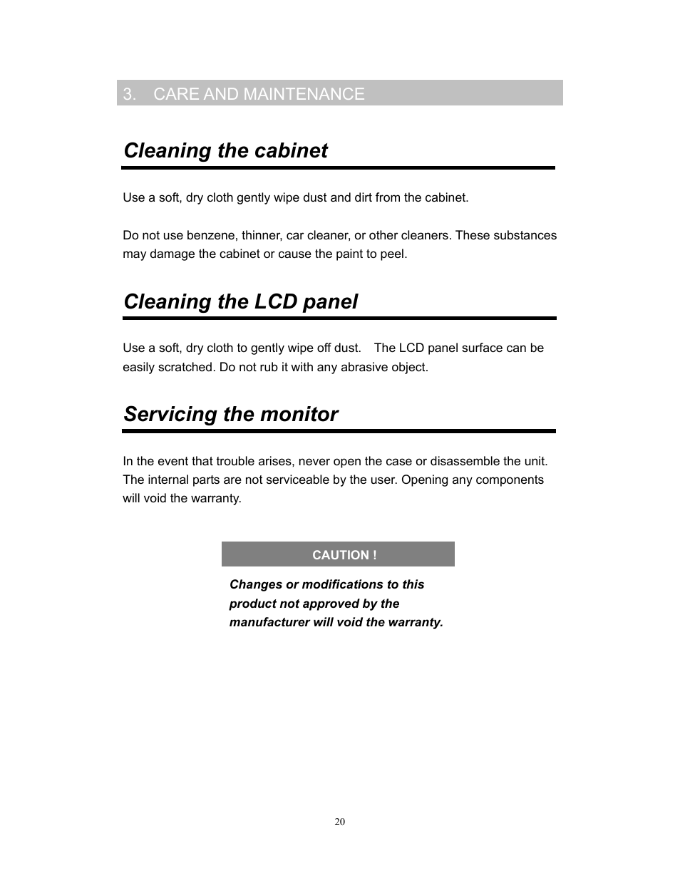 Cleaning the cabinet, Cleaning the lcd panel, Servicing the monitor | Clarion VMA773 User Manual | Page 20 / 33
