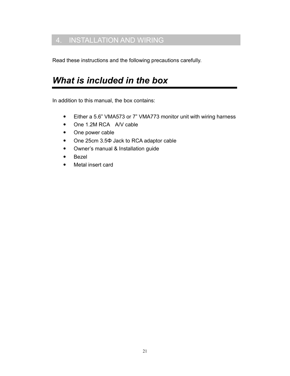 What is included in the box, Installation and wiring | Clarion VMA773 User Manual | Page 21 / 33