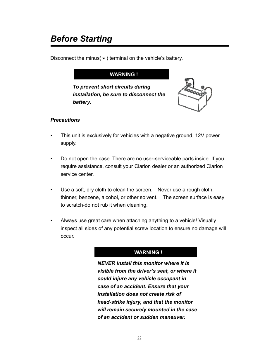 Before starting | Clarion VMA773 User Manual | Page 22 / 33
