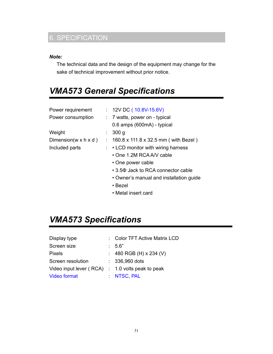 Vma573 general specifications, Vma573 specifications, Specification | Clarion VMA773 User Manual | Page 31 / 33