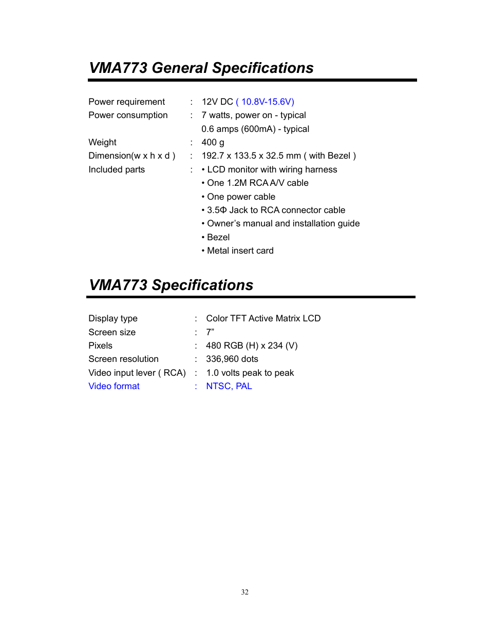Vma773 general specifications, Vma773 specifications | Clarion VMA773 User Manual | Page 32 / 33