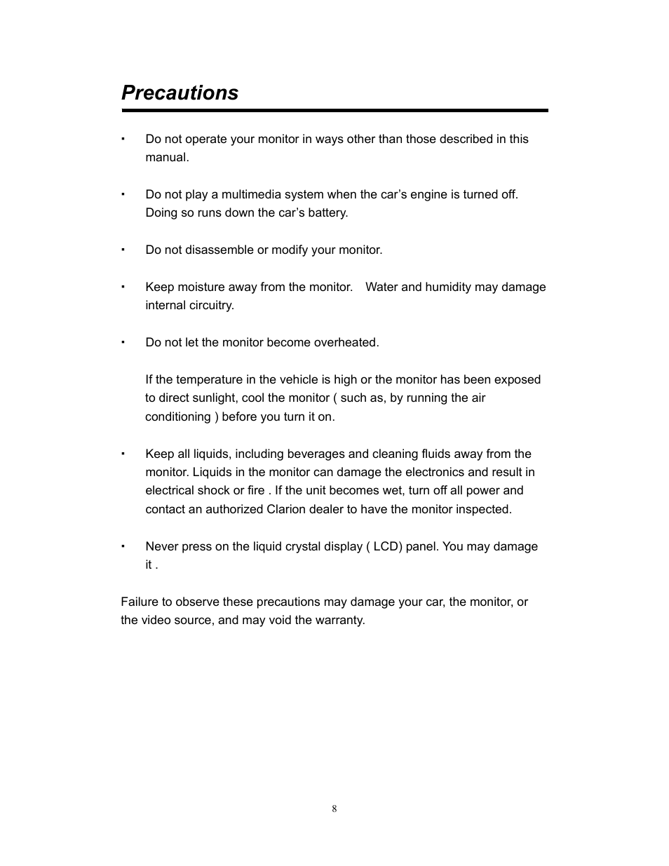 Precautions | Clarion VMA773 User Manual | Page 8 / 33