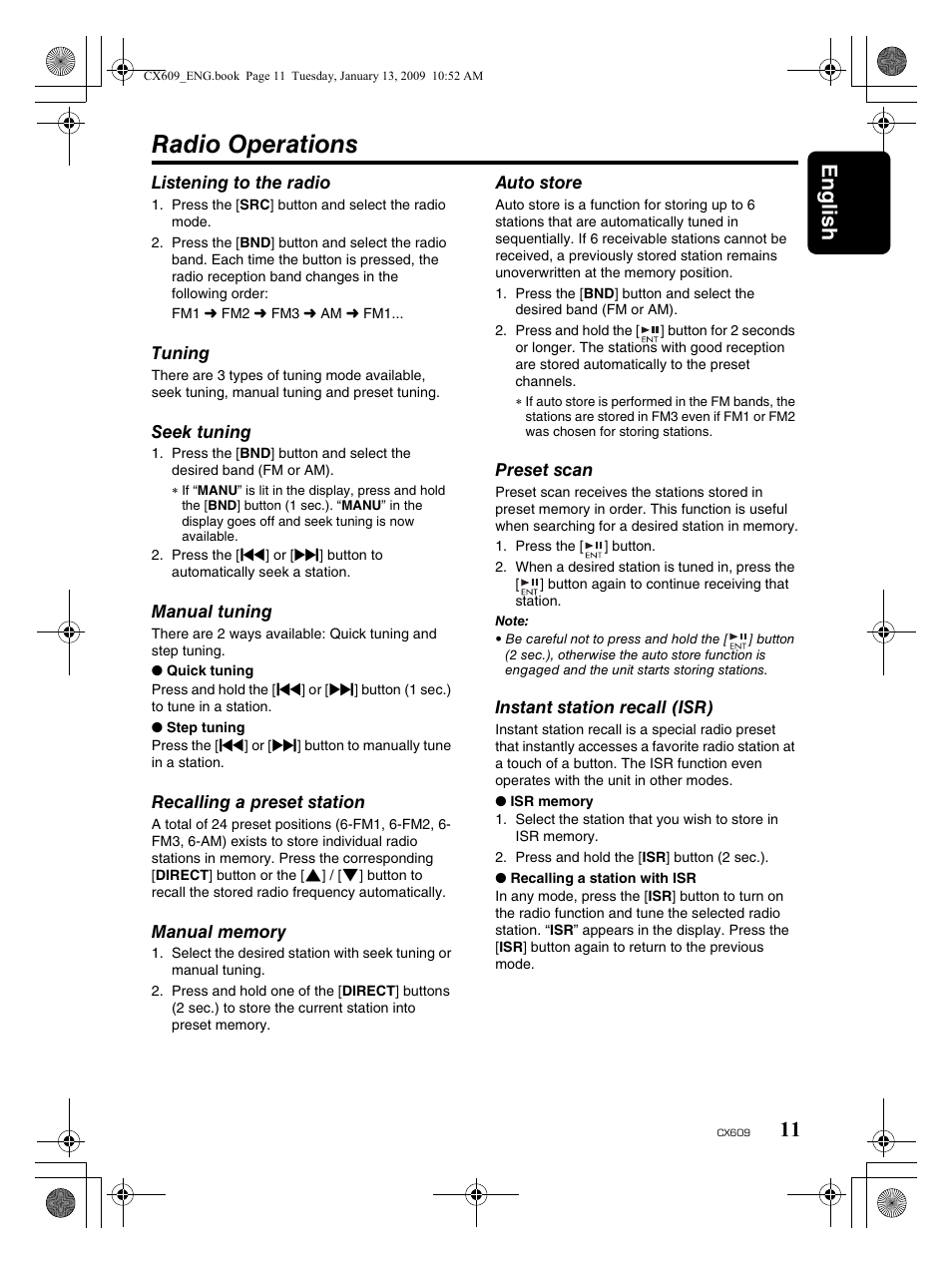 Radio operations, English 11 | Clarion CX609 User Manual | Page 11 / 38