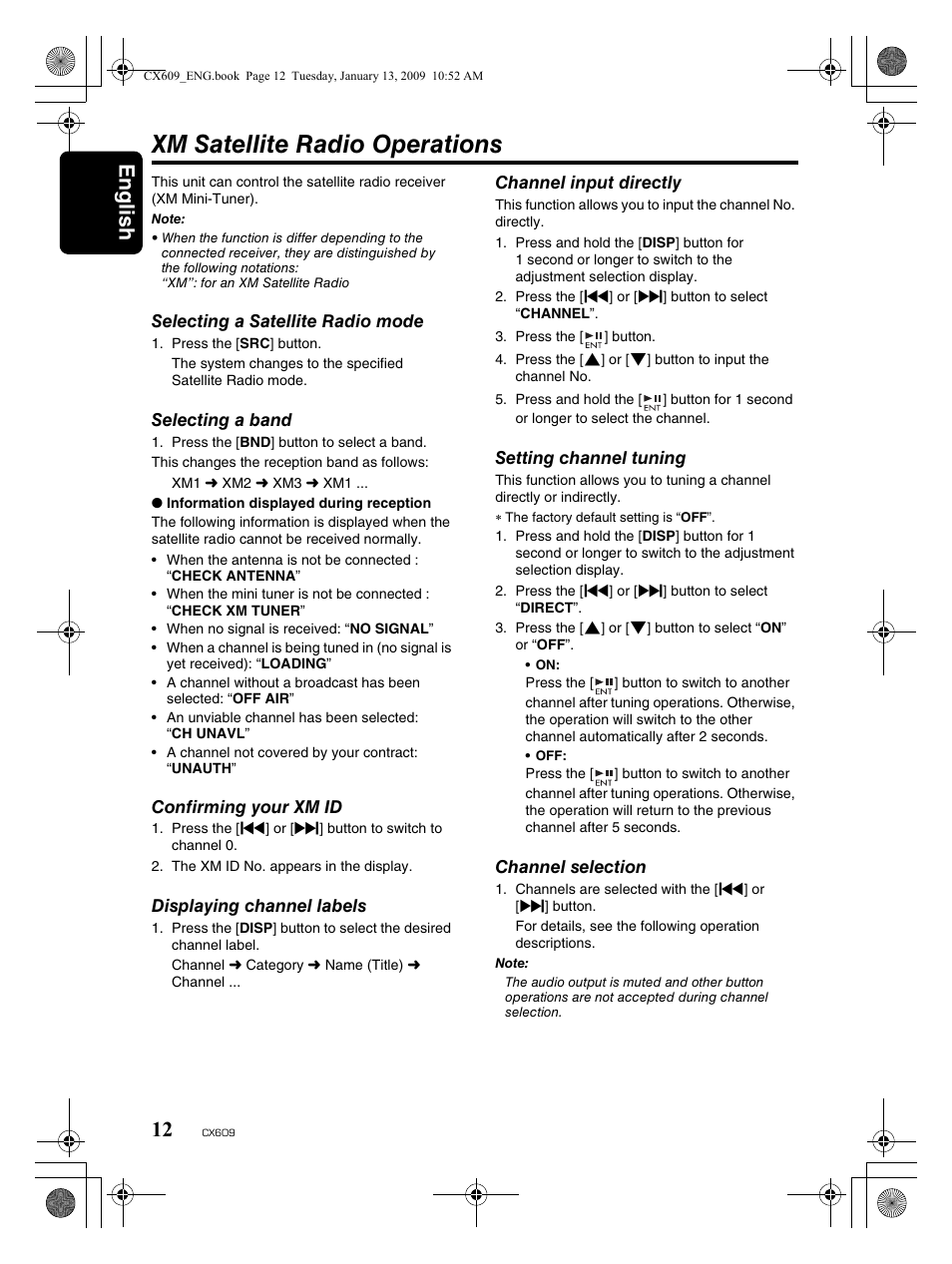 Xm satellite radio operations, English 12 | Clarion CX609 User Manual | Page 12 / 38