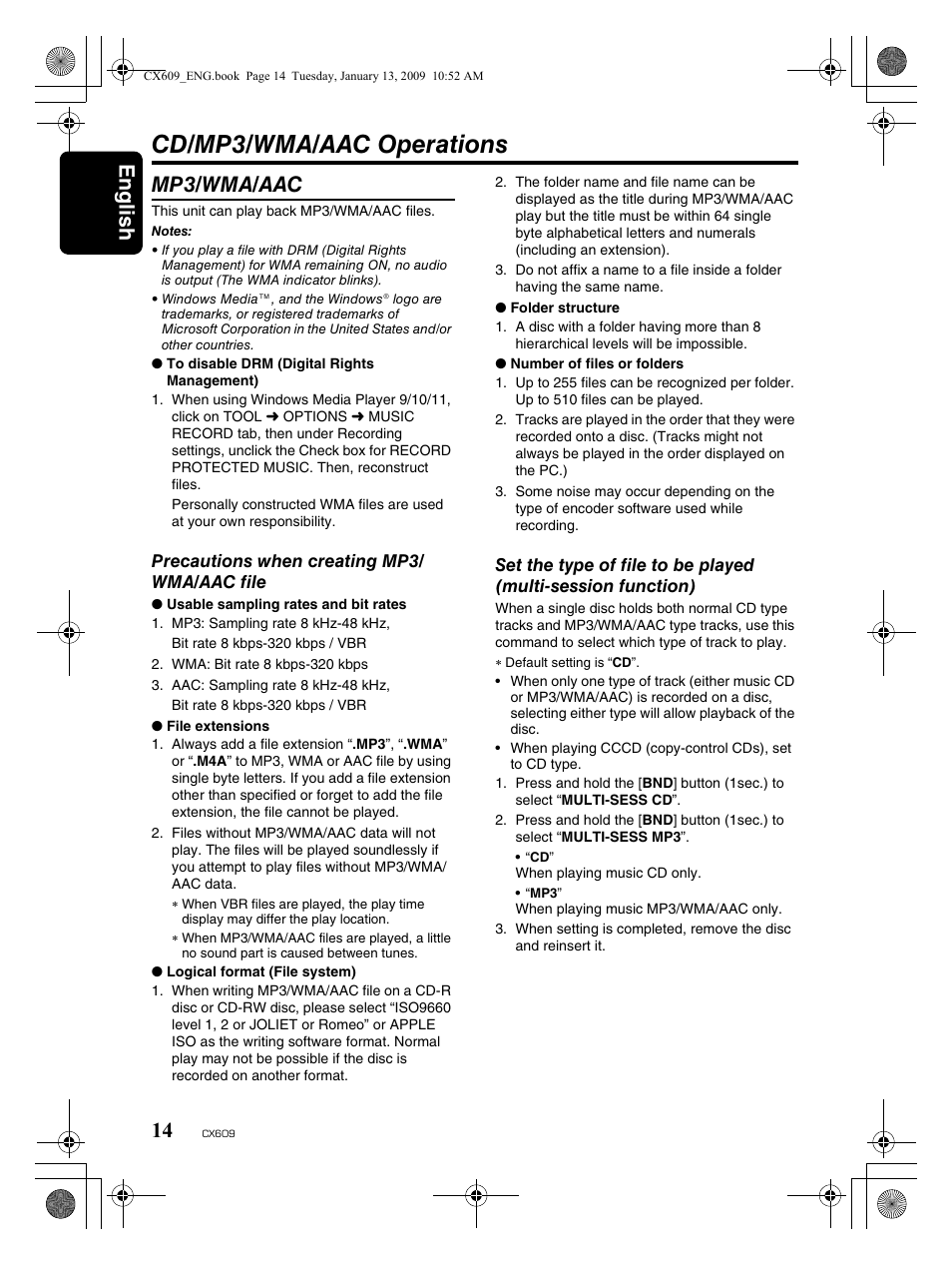 Cd/mp3/wma/aac operations, English 14, Mp3/wma/aac | Clarion CX609 User Manual | Page 14 / 38