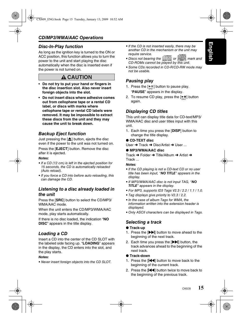 English 15, Caution | Clarion CX609 User Manual | Page 15 / 38