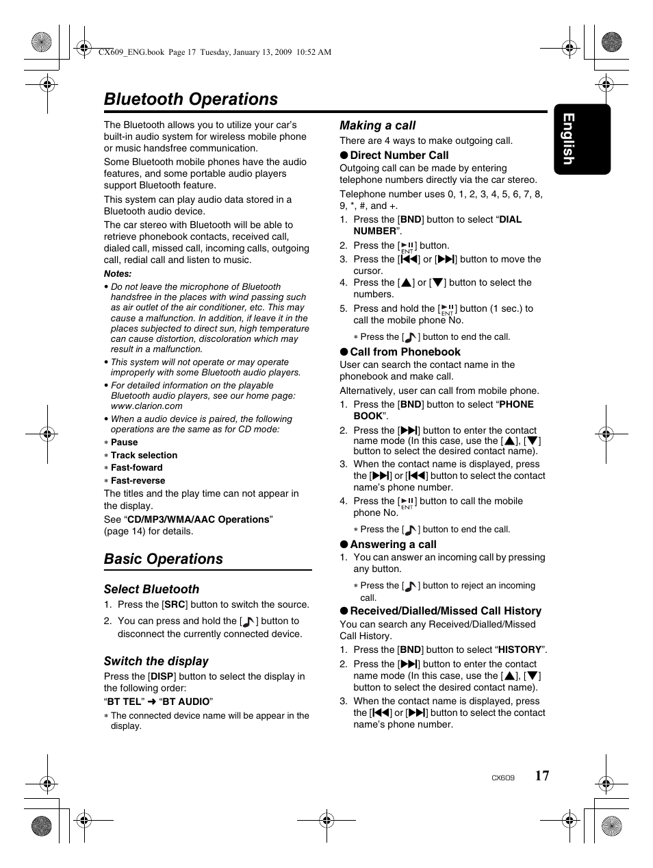 Bluetooth operations, English 17, Basic operations | Clarion CX609 User Manual | Page 17 / 38