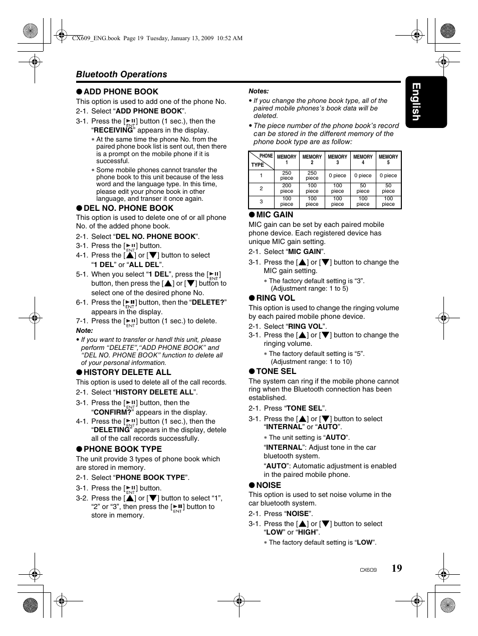 English 19, Bluetooth operations | Clarion CX609 User Manual | Page 19 / 38