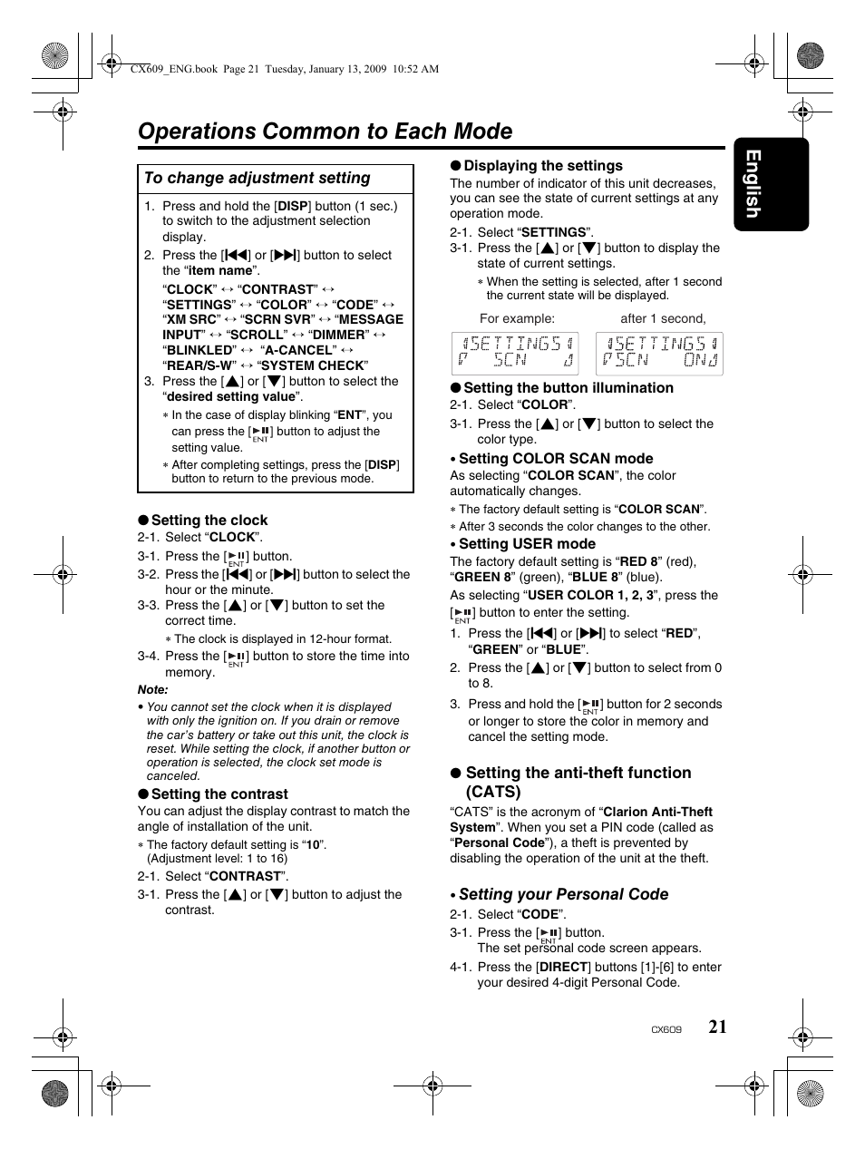 Operations common to each mode, English 21 | Clarion CX609 User Manual | Page 21 / 38